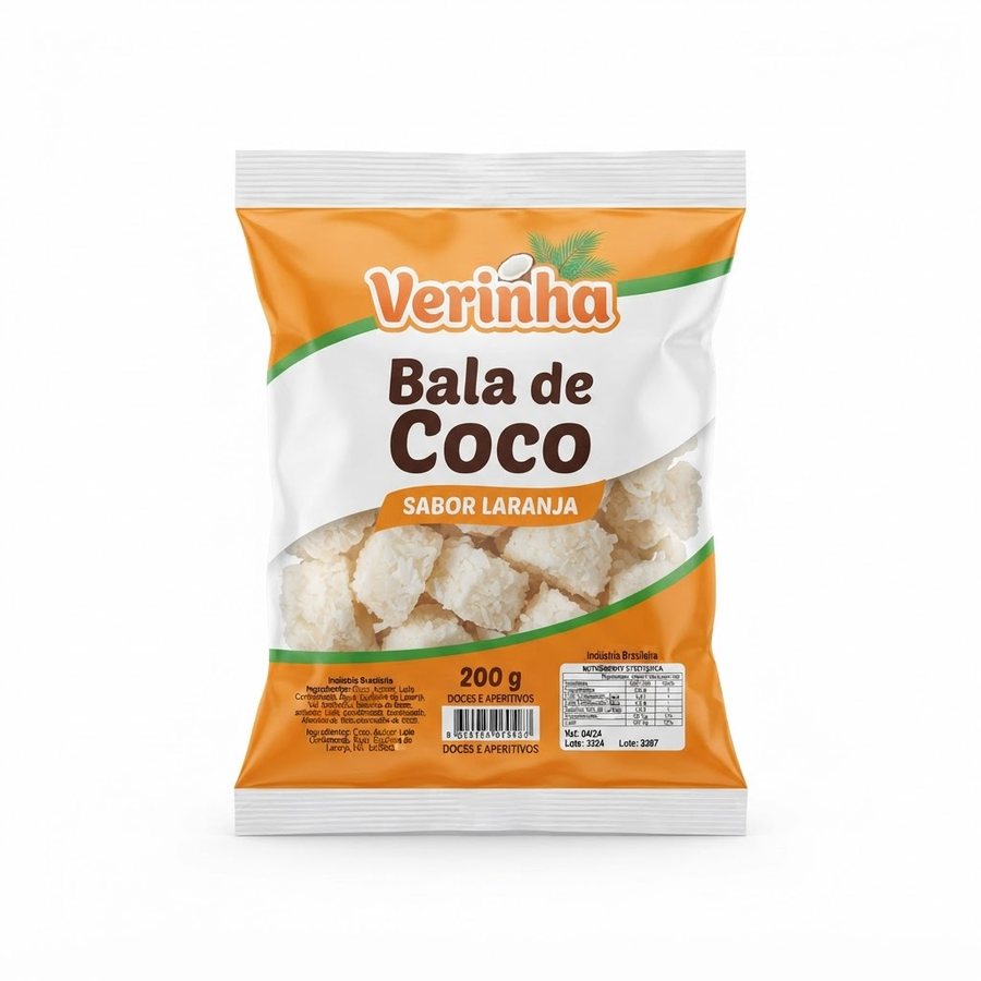 Bala de Coco Sabor Laranja 200 g Verinha — produto disponível na BRAVI
