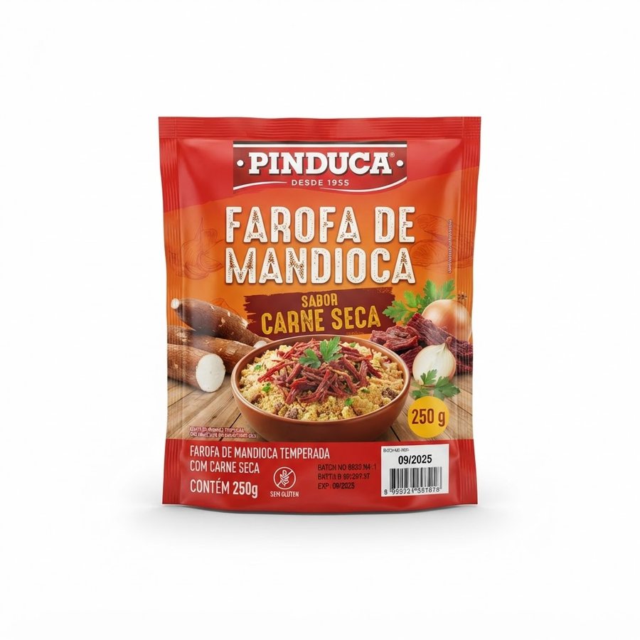 Farofa de Mandioca Sabor Carne Seca 250 g Pinduca — produto disponível na BRAVI