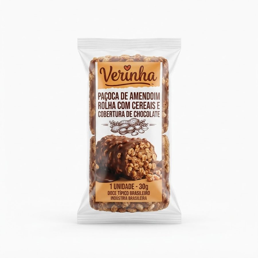 Paçoca de Amendoim Rolha com Cereais e Cobertura de Chocolate Verinha — produto disponível na BRAVI